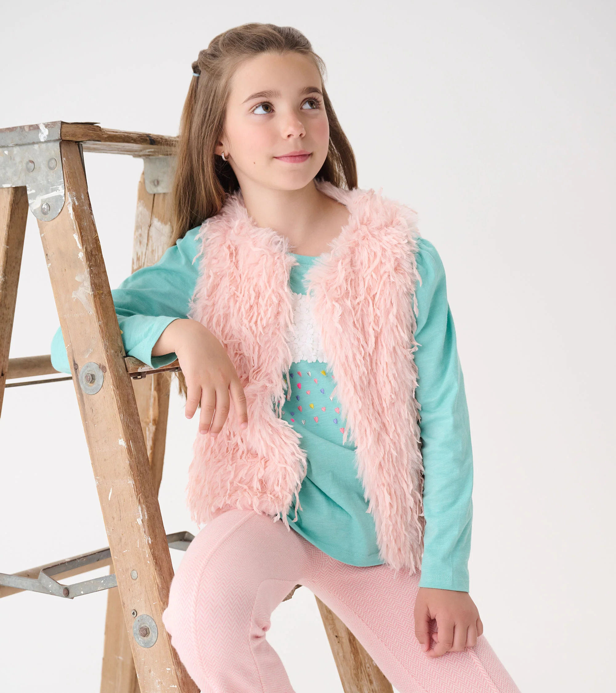 Girls Pale Pink Feather Faux Fur Vest - Image 4